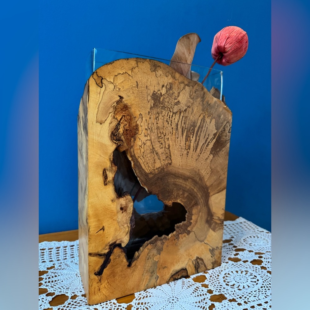One of a kind maple burlwood handcrafted vase, with glass insert.